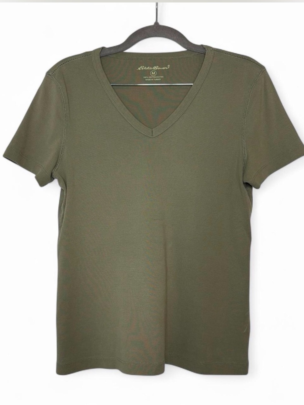 Eddie Bauer Cotton Olive Green V-Neck Short Sleeve Tee